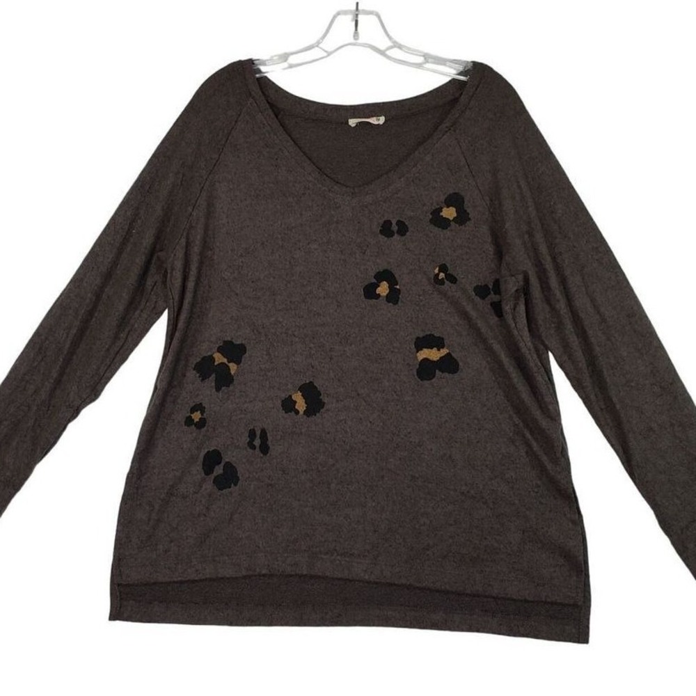 Maronie Fleece Womens Medium Brown Leopard Print Long Sleeve V Neck Tunic Soft